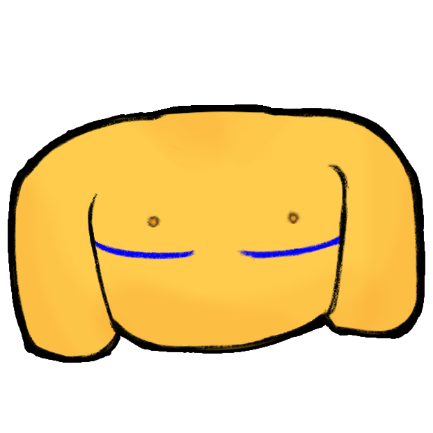 an emoji-yellow chest with bright blue double incision top surgery scars and nipples and a stylistic white outline